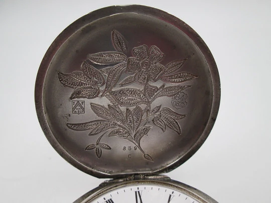 Reloj bolsillo H. Moser & Cie. Plata de ley. Cuerda remontoir. Tapas decoradas, 1880