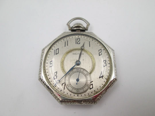 Reloj bolsillo lepine art decó Waltham. Oro blanco 14k. Caja octogonal. EEUU. 1920's