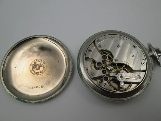 Reloj bolsillo Longines lepine. Acero cromado. Cuerda remontoir. Segundero. Suiza. 1930