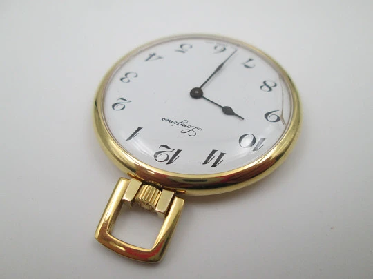 Reloj colgante Longines. Metal chapado oro. Cuerda manual. Esfera blanca. Suiza. 1950