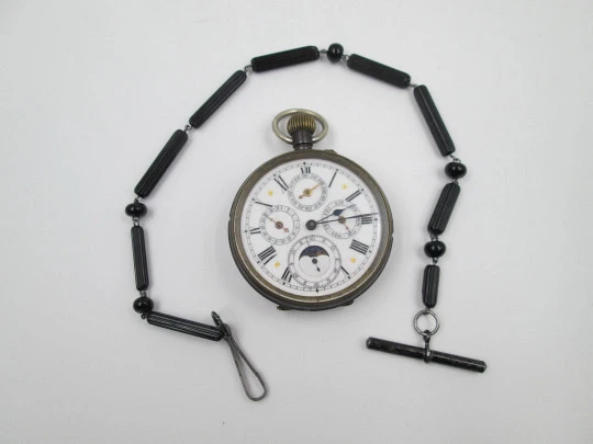 Reloj de bolsillo complicación. Acero pavonado negro. Cuerda remontoir. Suiza. 1870