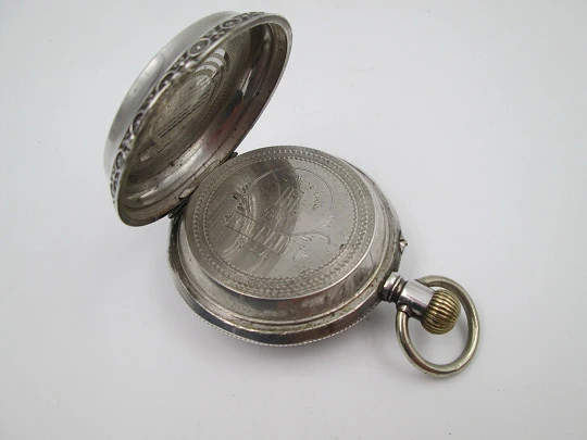 Reloj de bolsillo saboneta Bornand Genève. Marca España. Plata ley 800. Suiza. 1900
