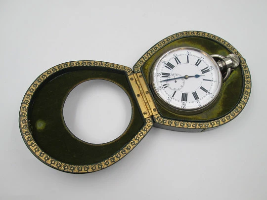 Reloj de viaje bolsillo Longines con estuche de piel. Acero cromado. Remontoir. 1910. Suiza