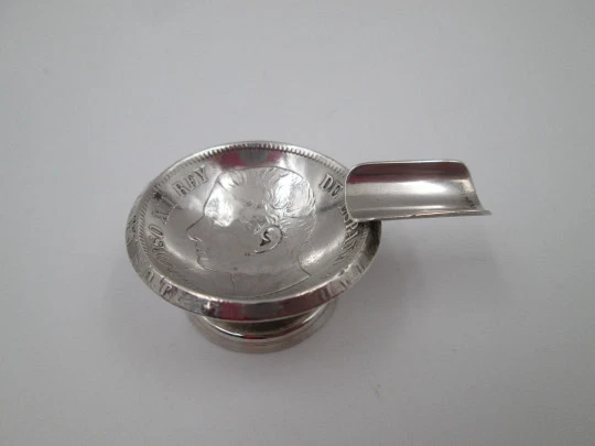 Round single ashtray. Alfonso XII five pesetas coin. Sterling silver. 1970's. Spain