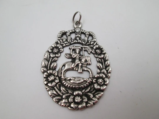 Saint James Moor-slayer openwork medal. Sterling silver. Floral edge. Spain. 19th century