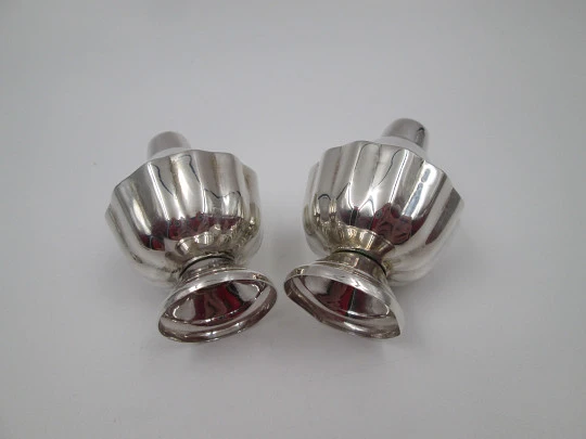 Salt shakers couple with tray set. 925 sterling silver. Suns ornate motifs. Mexico. 1970's