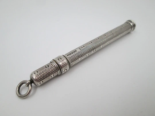 Sampson Mordan extendable pencil. Sterling silver. Waves, lines and circles. 1910's