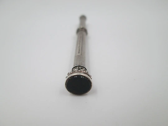 Sampson Mordan mechanical pencil. Silver plated. Black stone. Guilloche and flowers