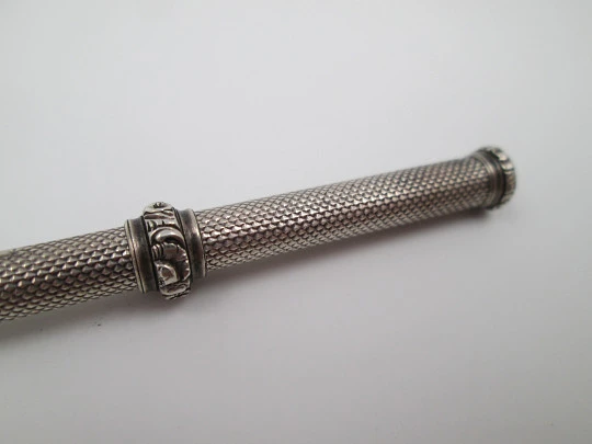 Sampson Mordan mechanical pencil. Silver plated. Black stone. Guilloche and flowers