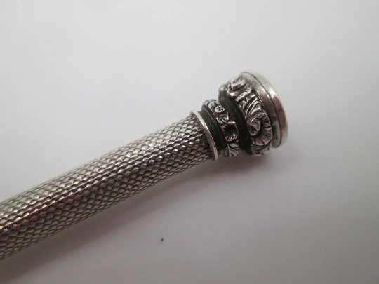 Sampson Mordan mechanical pencil. Silver plated. Black stone. Guilloche and flowers