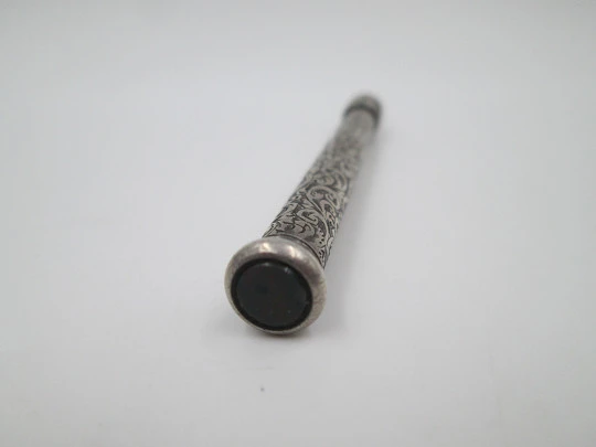 Sampson Mordan mechanical pencil. Silver plated. Black stone. Vegetable motifs. 1890's