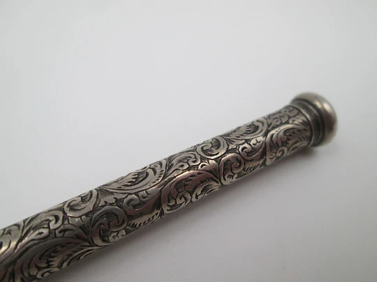 Sampson Mordan mechanical pencil. Silver plated. Black stone. Vegetable motifs. 1890's