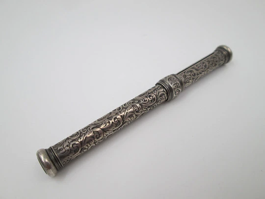 Sampson Mordan mechanical pencil. Silver plated. Black stone. Vegetable motifs. 1890's