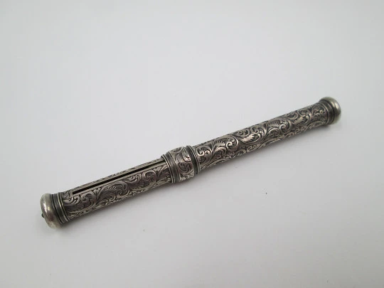 Sampson Mordan mechanical pencil. Silver plated. Black stone. Vegetable motifs. 1890's