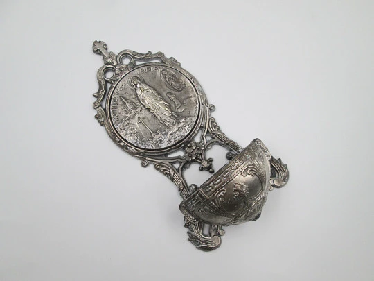 Sanctuary Notre-Dame of Lourdes holy water font. Silver plated metal. Emile Dropsy. 1920's