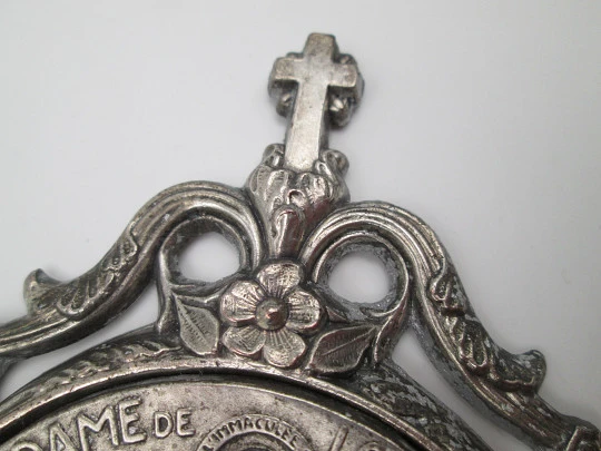 Sanctuary Notre-Dame of Lourdes holy water font. Silver plated metal. Emile Dropsy. 1920's