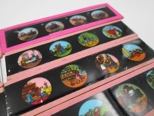 Set of 18 magic lantern small size slides. Children's colour images. Germany. 1890's