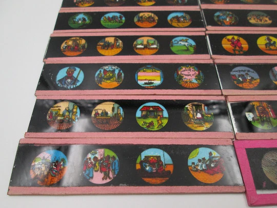 Set of 18 magic lantern small size slides. Children's colour images. Germany. 1890's