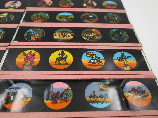 Set of 18 magic lantern small size slides. Children's colour images. Germany. 1890's