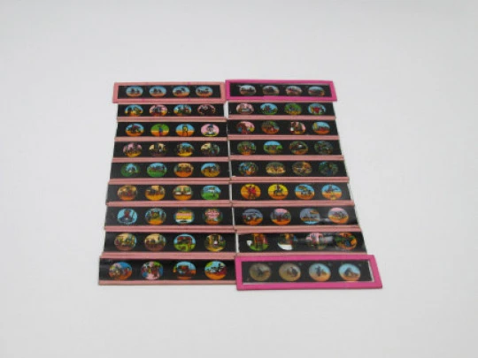 Set of 18 magic lantern small size slides. Children's colour images. Germany. 1890's