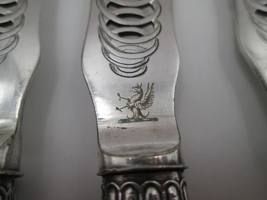 Set of six openwork fish knives. Cod swimming in water spiral. Silver plated. England. 1900's