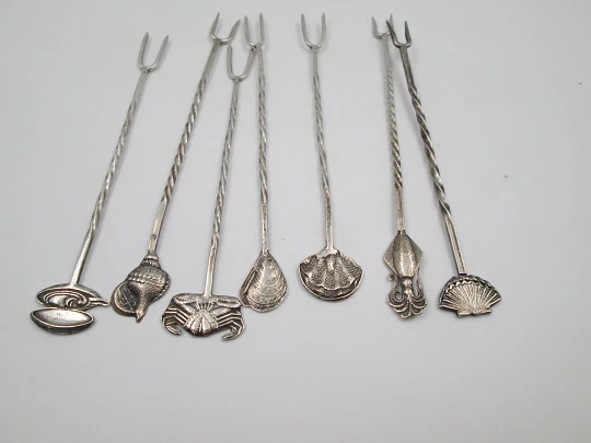 Seven cocktail picks collection. 925 sterling silver. Seafood motifs. Spain. 1980's