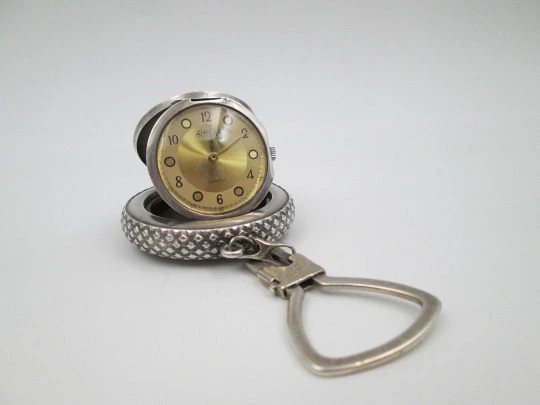 Shivas car wheel keychain watch. 935 sterling silver. Quartz movement. Golden dial. Swiss