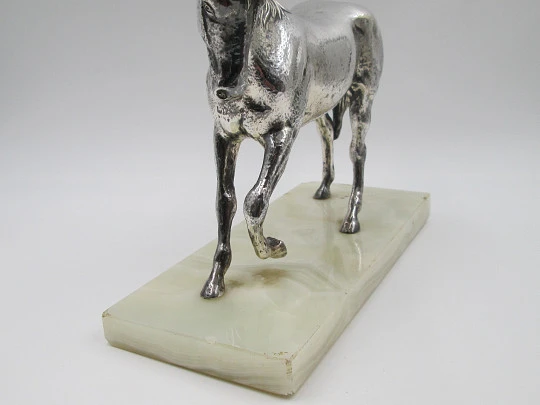 Silver plated horse sculpture with white marble base. Cunill Goldsmiths. Spain. 1990's