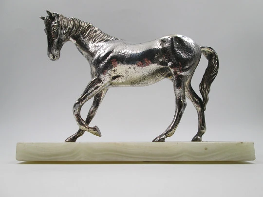 Silver plated horse sculpture with white marble base. Cunill Goldsmiths. Spain. 1990's