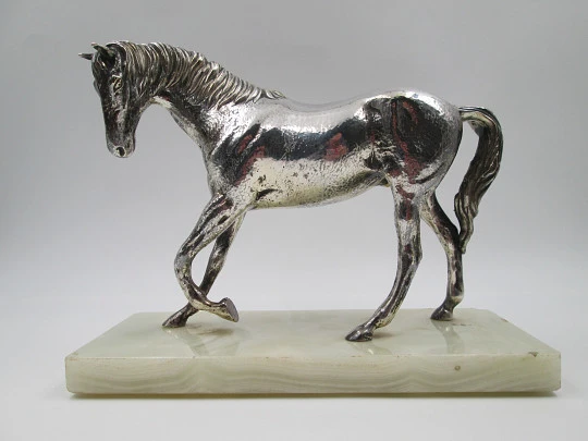 Silver plated horse sculpture with white marble base. Cunill Goldsmiths. Spain. 1990's