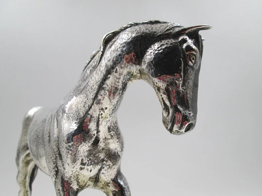 Silver plated horse sculpture with white marble base. Cunill Goldsmiths. Spain. 1990's