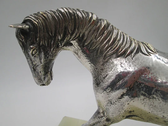 Silver plated horse sculpture with white marble base. Cunill Goldsmiths. Spain. 1990's