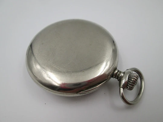 Silver plated open-faced pocket watch. Stem-wind. Porcelain dial. 24 hours scale. 1930's