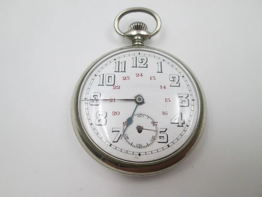 Silver plated open-faced pocket watch. Stem-wind. Porcelain dial. 24 hours scale. 1930's