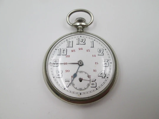 Silver plated open-faced pocket watch. Stem-wind. Porcelain dial. 24 hours scale. 1930's