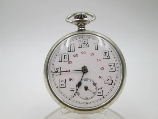 Silver plated open-faced pocket watch. Stem-wind. Porcelain dial. 24 hours scale. 1930's