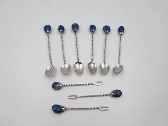 Six ornate coffee spoon and three cocktail skewers set. Sterling silver & lapis lazuli. 1970's