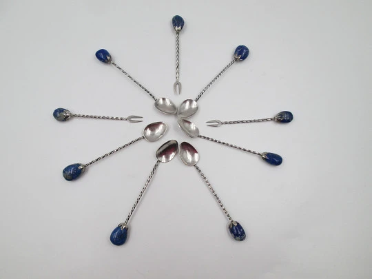 Six ornate coffee spoon and three cocktail skewers set. Sterling silver & lapis lazuli. 1970's