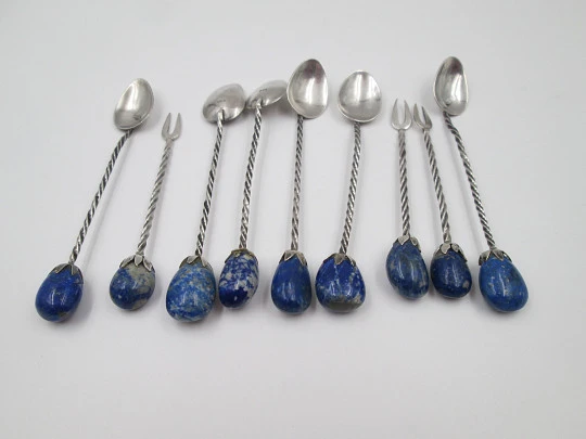 Six ornate coffee spoon and three cocktail skewers set. Sterling silver & lapis lazuli. 1970's