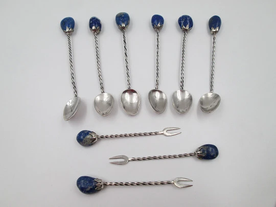 Six ornate coffee spoon and three cocktail skewers set. Sterling silver & lapis lazuli. 1970's