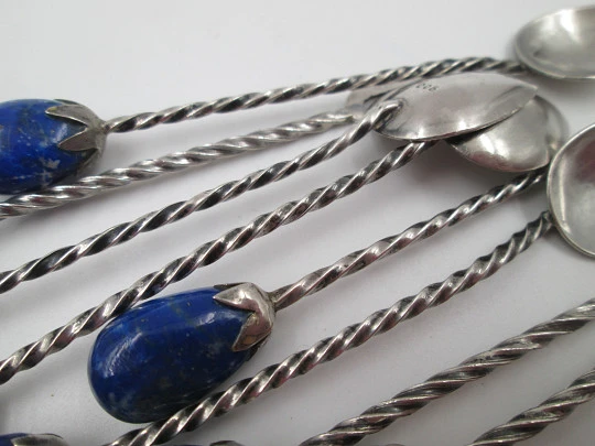 Six ornate coffee spoon and three cocktail skewers set. Sterling silver & lapis lazuli. 1970's