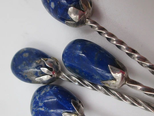 Six ornate coffee spoon and three cocktail skewers set. Sterling silver & lapis lazuli. 1970's