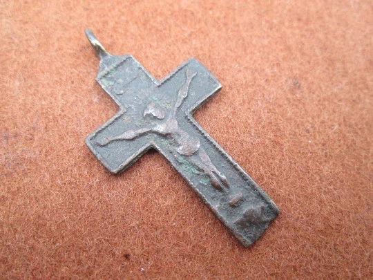 Small iron pendant crucifix. Blessed Sacrament (custody). Ring on top. 19th century