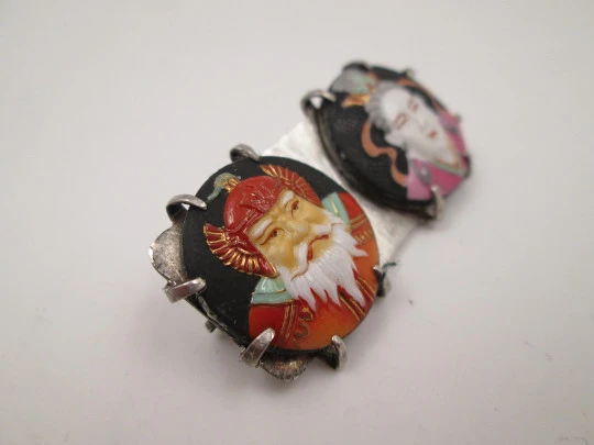 Sterling silver and japanese hand-painted porcelain brooch. Gods of fortune. 1970's