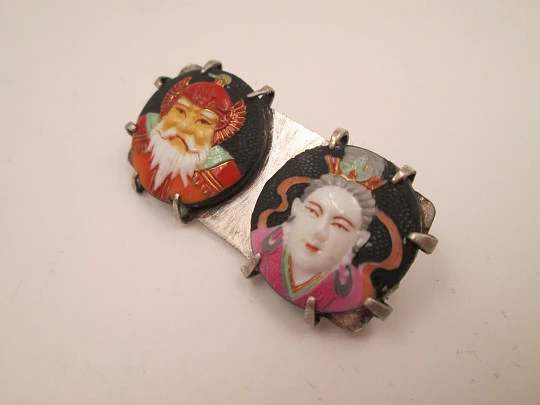 Sterling silver and japanese hand-painted porcelain brooch. Gods of fortune. 1970's