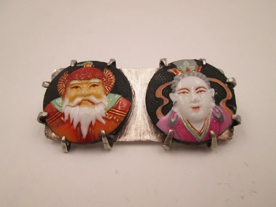 Sterling silver and japanese hand-painted porcelain brooch. Gods of fortune. 1970's