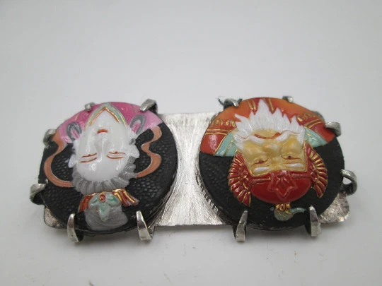 Sterling silver and japanese hand-painted porcelain brooch. Gods of fortune. 1970's