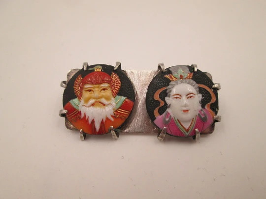 Sterling silver and japanese hand-painted porcelain brooch. Gods of fortune. 1970's