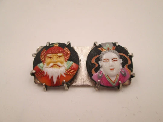 Sterling silver and japanese hand-painted porcelain brooch. Gods of fortune. 1970's