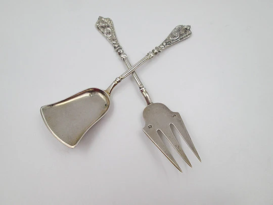 Sterling silver cake service travel set. Shovel and fork. Austro-Hungarian Empire. 1870's